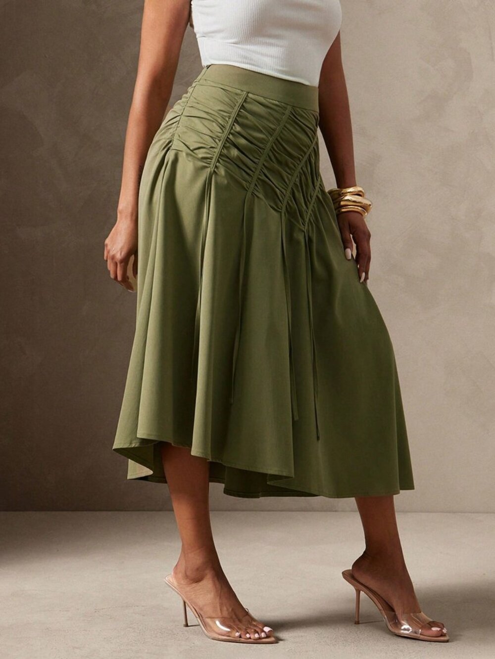 Green Casual Women's Loose Pleated High Waist A-Line Midi Skirt